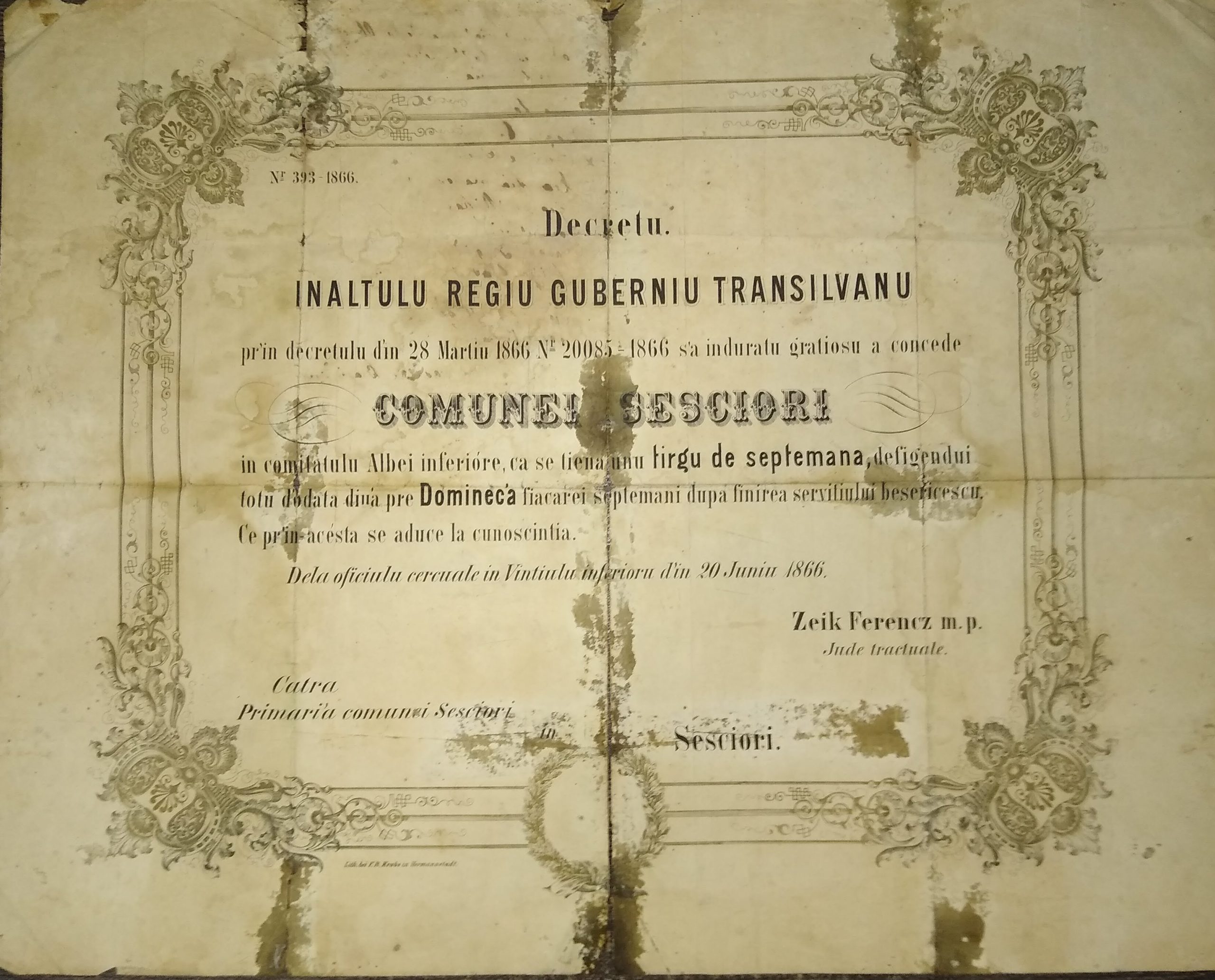 Exponatul lunii octombrie la Muzeul Municipal „Ioan Raica” Sebeş este un document din 1866 prin care Înaltul Guvern Regal Transilvan acorda dreptul de târg săptămânal localității Săsciori